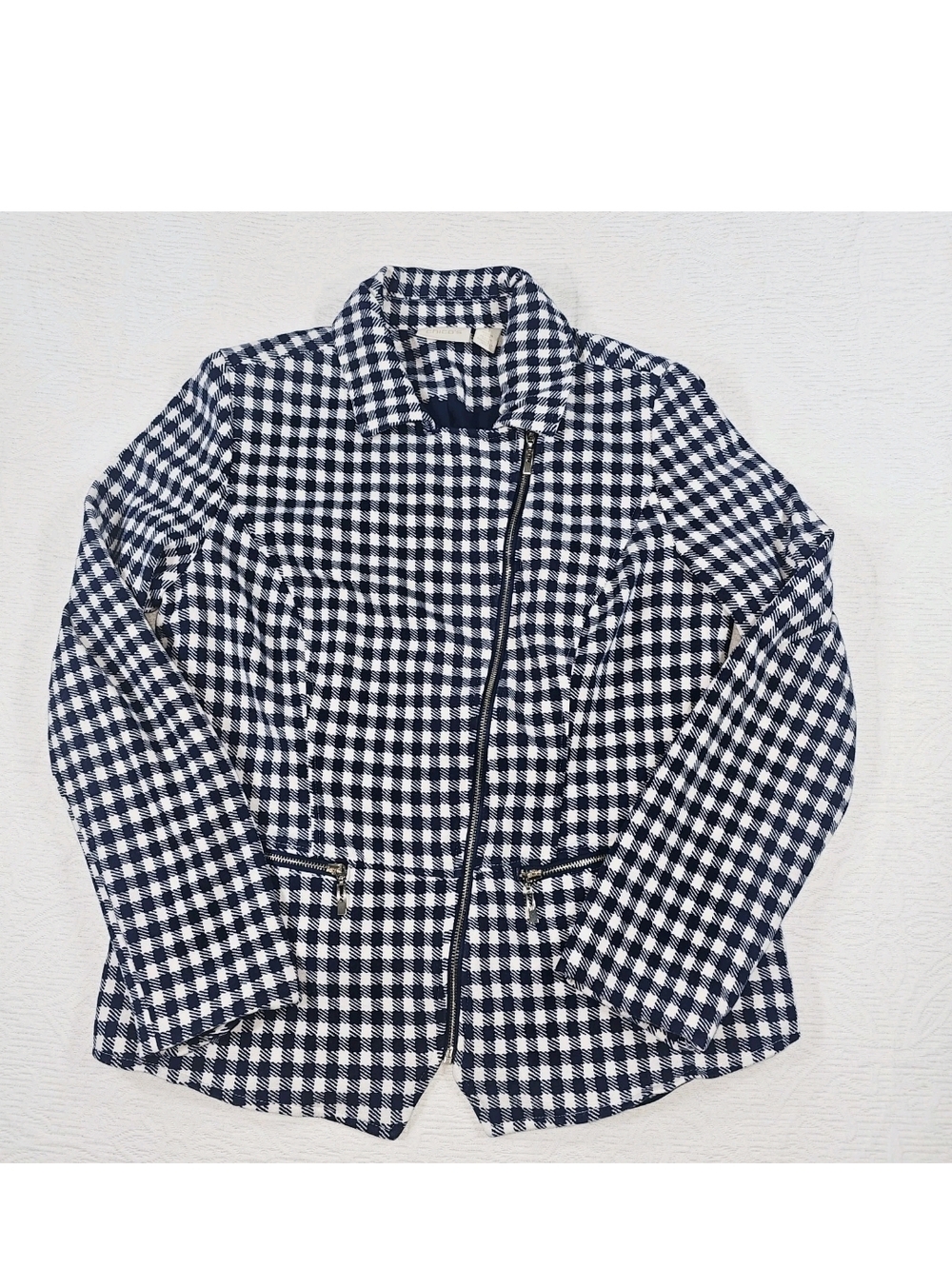 Chicos Navy White Gingham Check Moto Jacket Blazer Womens Size 1 Zipper Pockets